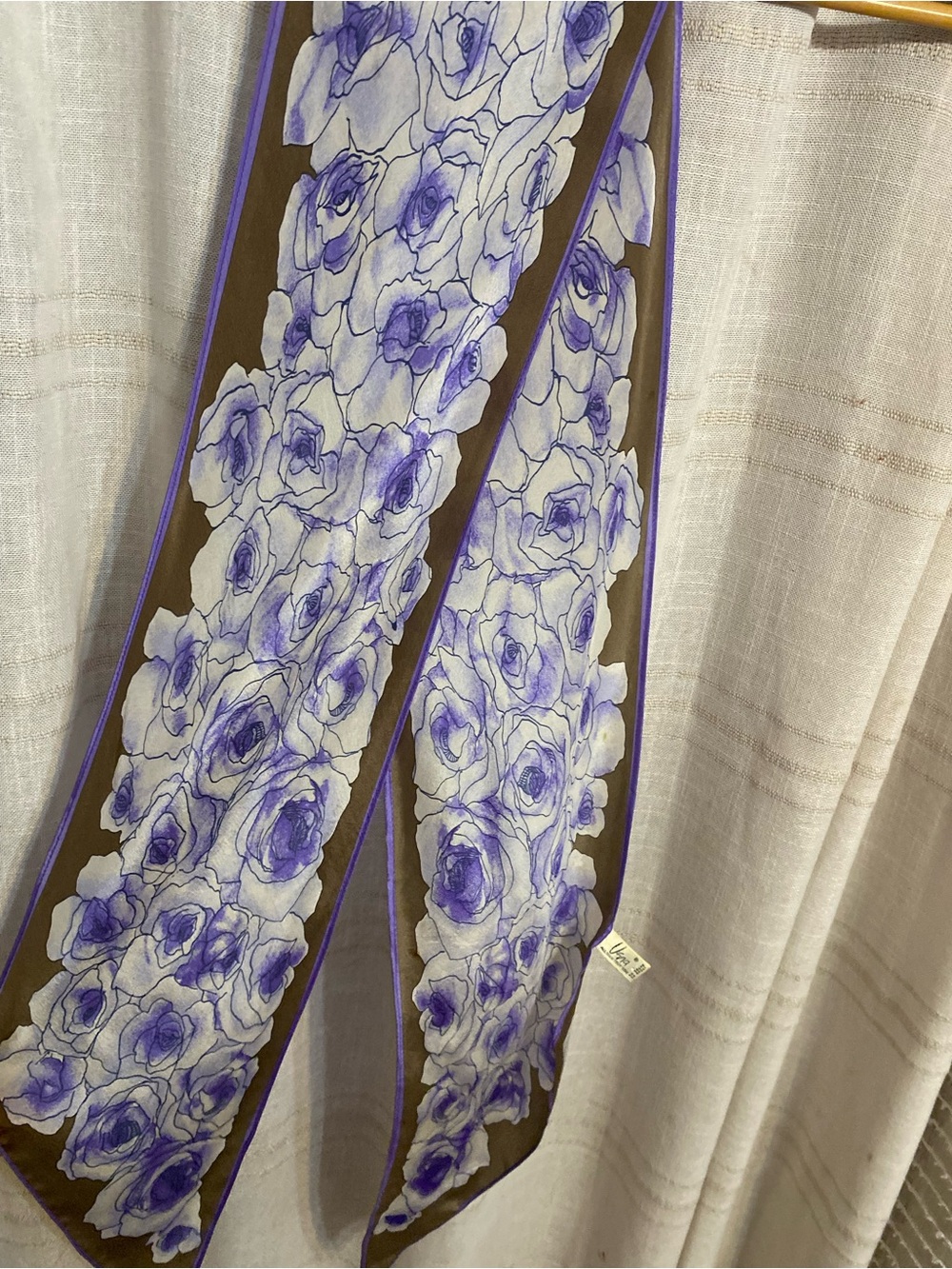Vintage 70s Vera Neumann 100% Silk Purple Rose Narrow Oblong Scarf Japan